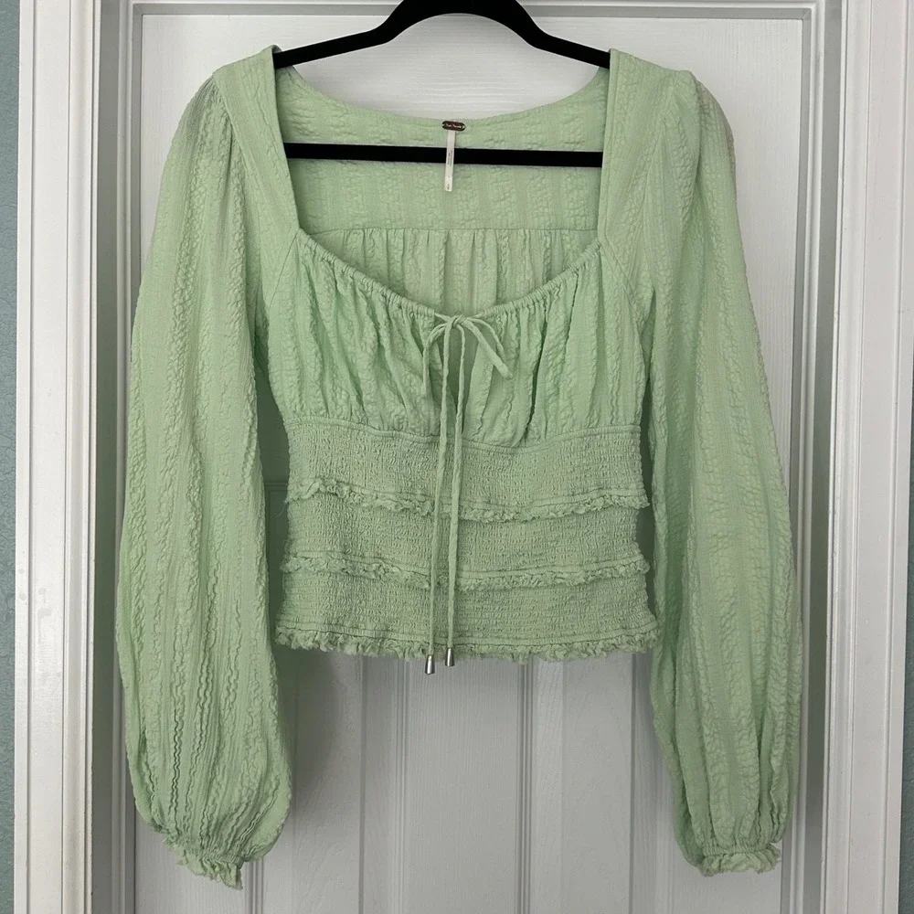 Free People 100%‎ Cotton Green Puff Sleeve Smocked Lolita Peasant Top Size Small